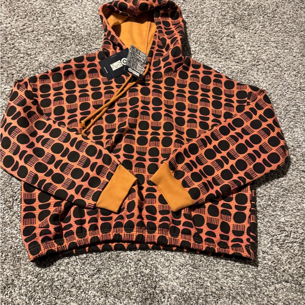 Patterned Orange & Black Cropped Hoodie